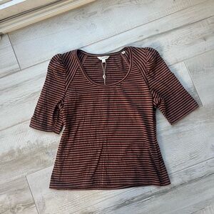 NWT Max Studio women’s blouse Brown and Black Fitted Puff Sleeve stripe size L